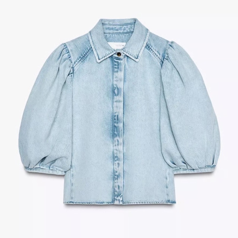Zara NWT Light Blue Cotton Blend Denim Lapel Collar Puff Sleeve Blouse (Small) - Picture 2 of 8